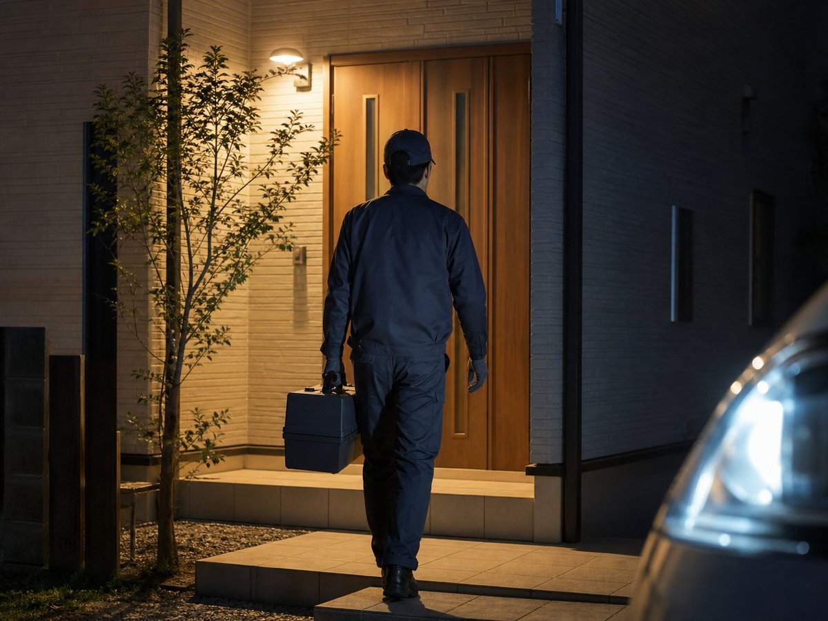 夜間の訪問対応の様子（AI生成イメージ）